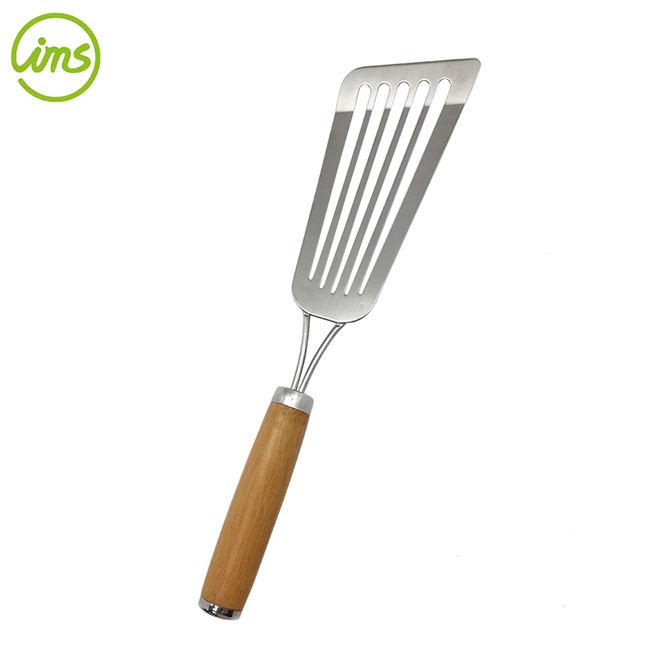 Stainless Steel Slotted Fish Spatula Turner – Beveled Blade with Bamboo Handle